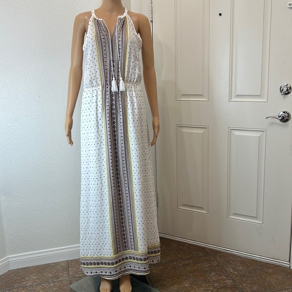 C Dress Size Small Tassel Tie V Neck Sleeveless Maxi White Brown Yellow Lined